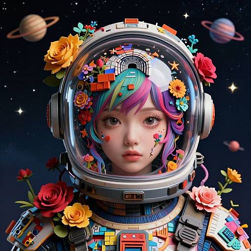 Digital artwork of a young woman with colorful, pixelated hair in a space helmet adorned with flowers, set against a starry space background with planets.