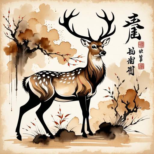 Majestic Ink Wash Deer with Calligraphy
