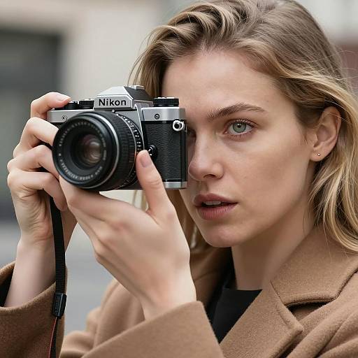 Focused Photographer in Brown Coat