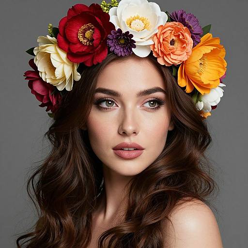 Photograph of a fair-skinned woman with wavy brown hair, wearing a colorful flower crown of red, white, purple, orange, and yellow