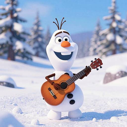 CGI image of a smiling snowman with black eyes, orange nose, and carrot antennae, playing a guitar in a snowy forest.