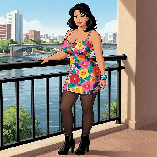 Digital illustration of a curvy woman with black hair in a colorful floral dress, black tights, and high heels, leaning on a balcony overlooking a