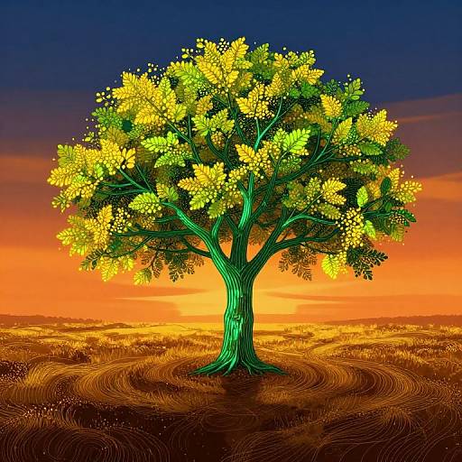 Digital art of a vibrant yellow-green tree with glowing leaves against a fiery orange and deep blue sunset sky, standing in a swirling, brown, grassy