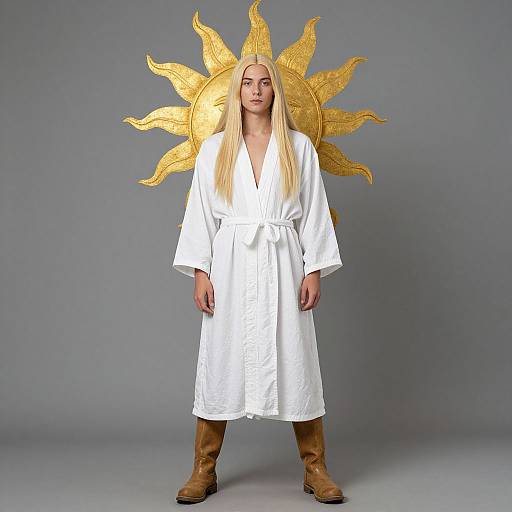 Photograph of a blonde woman in a white robe and brown boots, standing before a gold sunburst backdrop on a gray background.