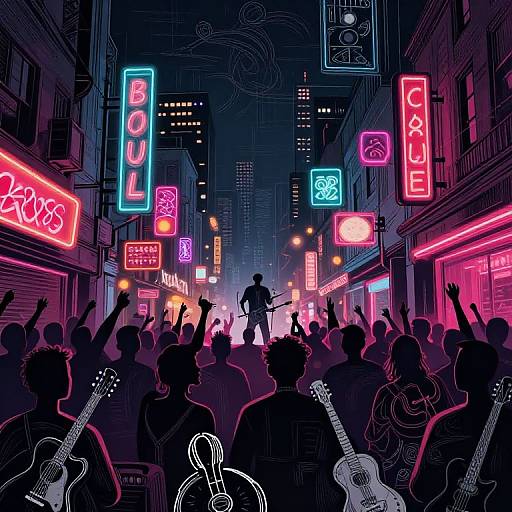 Neon-lit street concert: Silhouetted crowd with raised hands, guitars, and a performer in center, surrounded by vibrant pink, blue