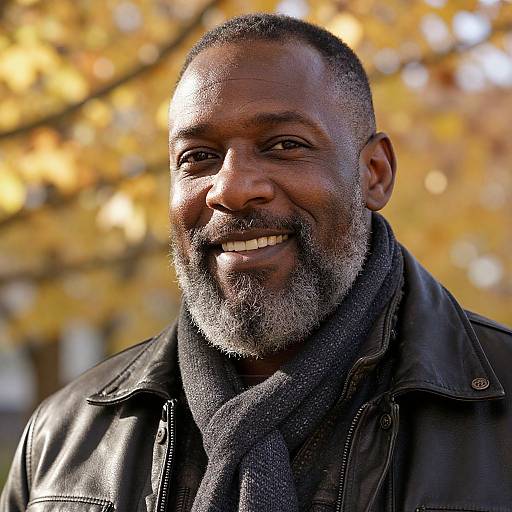 Photograph of a smiling, middle-aged African American man with a gray beard, wearing a black leather jacket and gray scarf, set against a blurred autumn