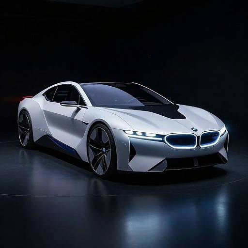 Photograph of a sleek, white BMW concept car with glowing blue accents, black-tinted windows, and dark gray wheels, set against a black