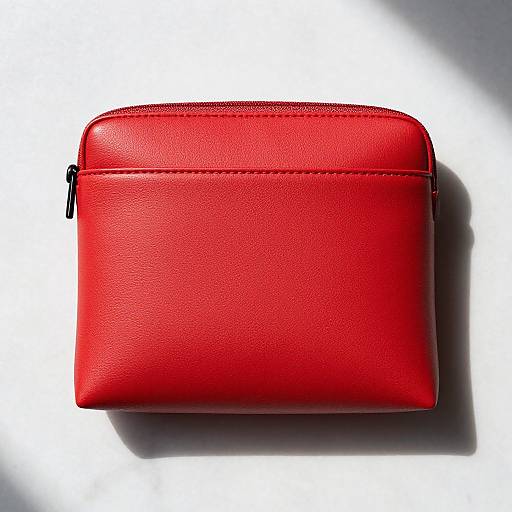 Photograph of a vibrant red, rectangular leather pouch with a zipper, casting a shadow on a white background.