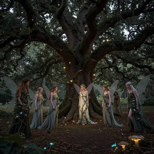 Photograph of six fairy-like women with translucent wings, in green and white dresses, standing around a large tree, illuminated by glowing candles in a dark