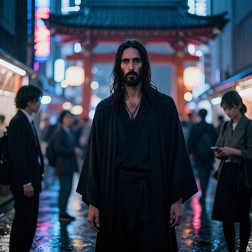 Photograph of a bearded man with wet, long dark hair in a black robe standing in a neon-lit, rainy city street. Blurred