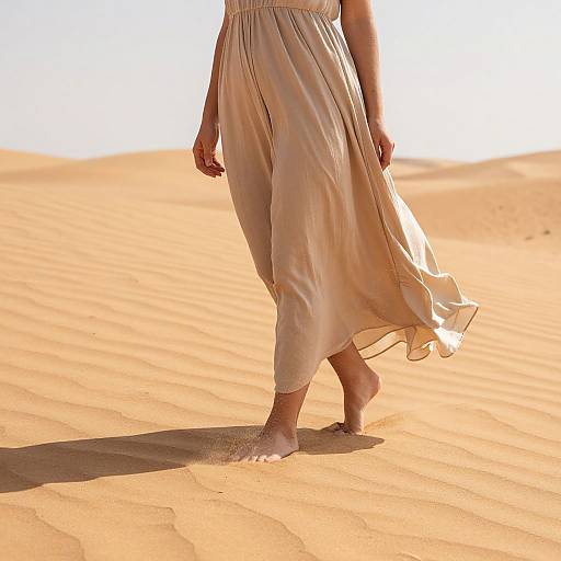 Photograph of a person walking barefoot in a sunlit desert, wearing a flowing, light beige, ankle-length dress, sand gently clinging to their
