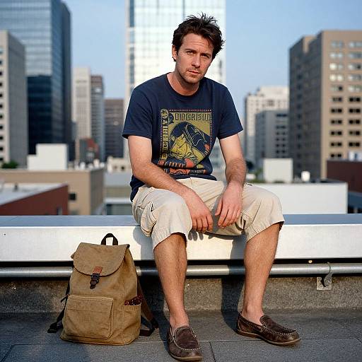 Photograph of a casually dressed man with short dark hair, sitting on a rooftop bench, wearing a navy T-shirt, khaki shorts, brown loaf