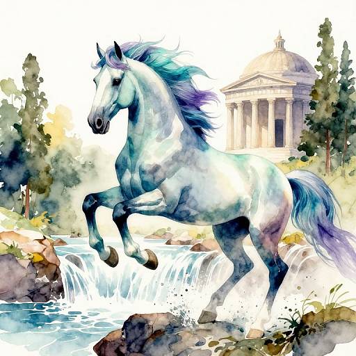 Watercolor painting of a powerful, white horse with blue mane and tail, rearing on a rocky waterfall, with a classical temple in the background.