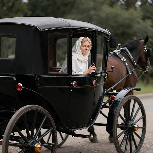 Blonde Woman Peeking from Horse-Drawn Carriage
