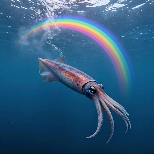 Photograph of a squid with multi-colored tentacles swimming underwater, surrounded by a vibrant rainbow arching above in the deep blue ocean.