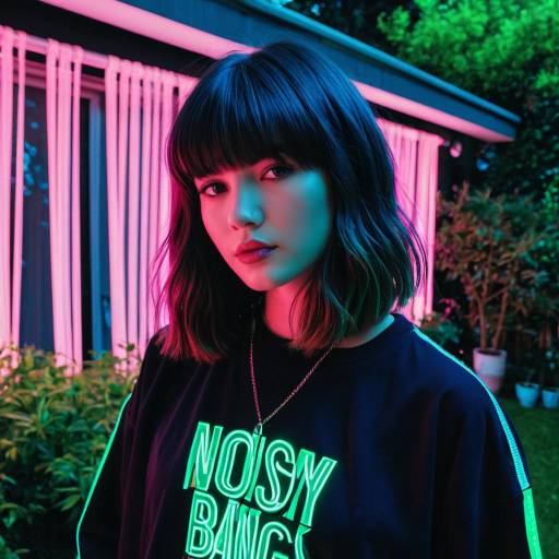 Young Woman with Curtain Bangs and Neon Glow