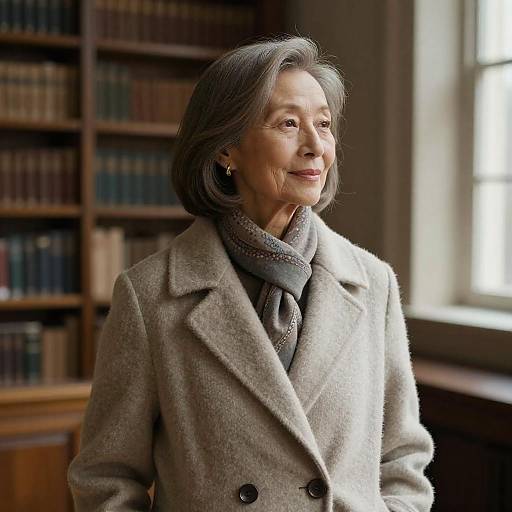 Photograph of an elderly East Asian woman with short gray hair, wearing a beige coat and gray scarf, smiling in a library with bookshelves in
