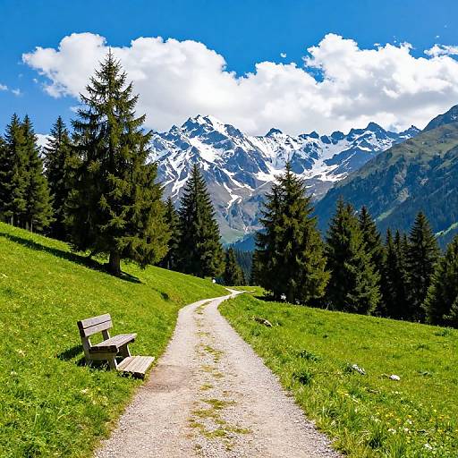 Photograph of a winding gravel path in a lush green meadow, leading to snow-capped mountains under a bright blue sky with white clouds, with