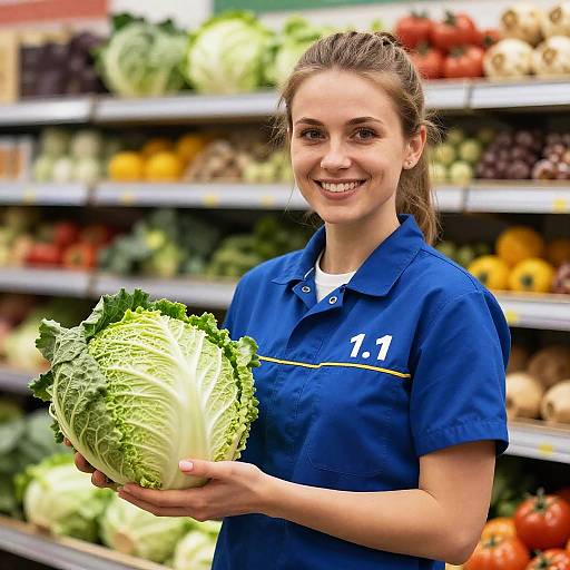 Photograph of a smiling young woman with light brown hair in a blue grocery store uniform holding a large green cabbage in front of colorful produce shelves.