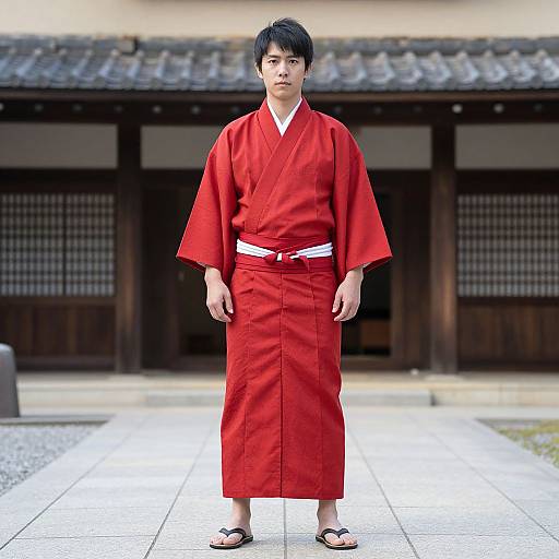 Photograph of an East Asian man in a red kimono, white belt, black sandals, standing in front of a traditional Japanese wooden building with tiled