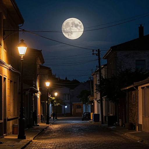 Photograph of a cobblestone street at night with a bright full moon above, illuminated by street lamps, casting warm light on old buildings.