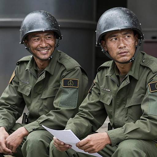 Two Soldiers in Military Uniforms Sitting Together