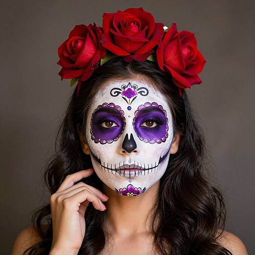 Photograph of a woman with white face paint in a sugar skull style, purple eye sockets, black nose, and mouth, wearing red rose crown,
