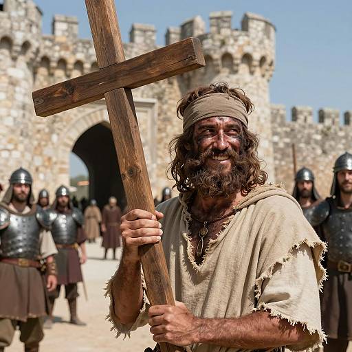 Smiling Man with Wooden Cross in Castle