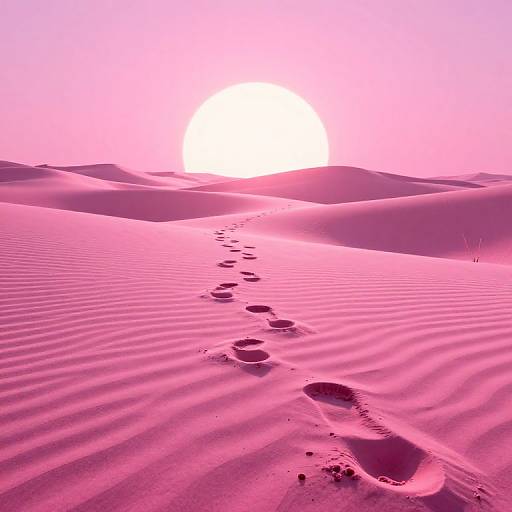 Photograph of pink sand dunes with a bright white sun at sunset, casting pink shadows. A single footpath of deep footprints leads toward the