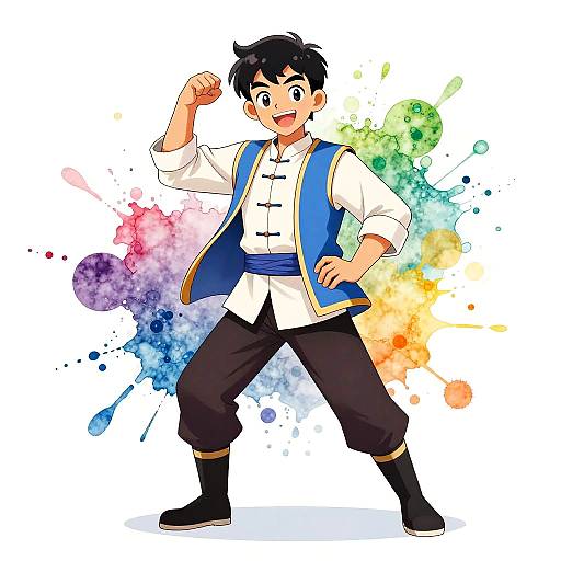 Colorful anime-style drawing of a cheerful, black-haired boy with blue vest, white shirt, black pants, and boots, flexing his arm against