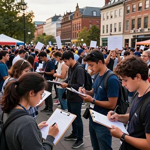 Photograph of diverse group of young people at outdoor protest, holding signs, writing on clipboards, wearing dark clothing, standing on city street with historic