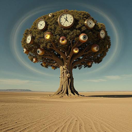 Photograph of a surreal tree with clock faces and eyeball-like orbs in its dense green foliage, standing alone in a desert under a blue, ring