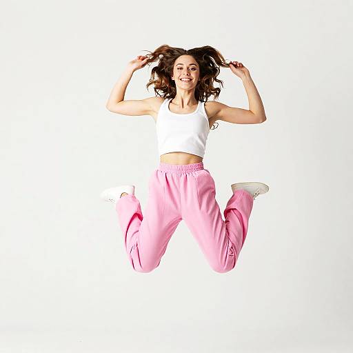 Cheerful Woman Jumping in Bright Outfit