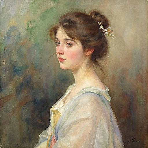 Portrait painting of a young woman with fair skin, brown hair in a bun, wearing a white blouse, looking over her shoulder. Soft, pastel