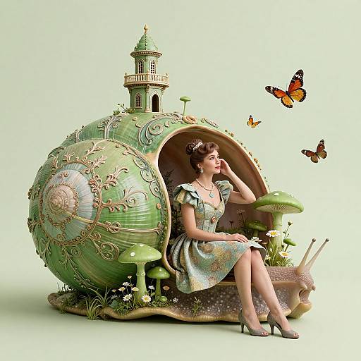 Digital artwork: Dreamy woman in floral dress sits in whimsical, green, mushroom-shaped house with tower, surrounded by butterflies and mushrooms.