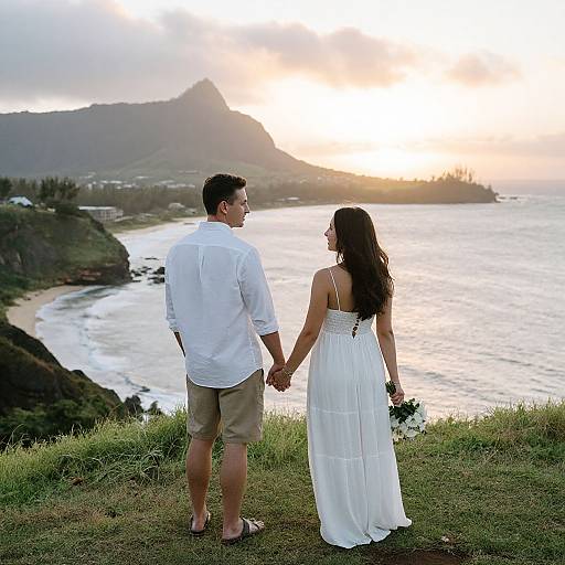 Photograph of a couple holding hands, facing a sunset over a coastal landscape with mountains, wearing white attire, standing on grass.