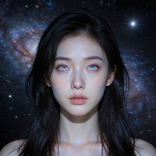 Digital portrait of a fair-skinned, blue-eyed woman with long black hair against a starry, cosmic background, glowing with ethereal light.