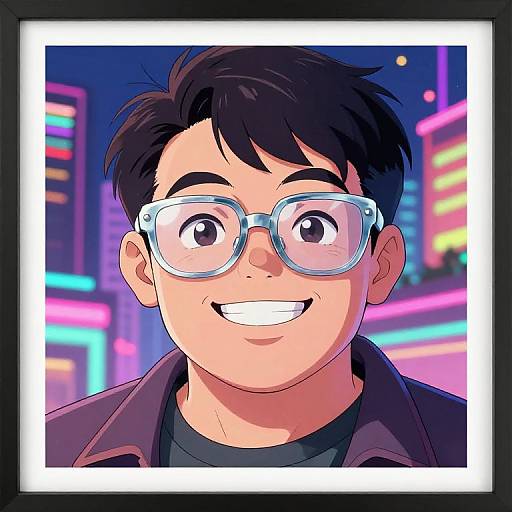 Digital anime-style portrait of a smiling young man with black hair, large blue glasses, and a dark coat, set against a neon-lit city background