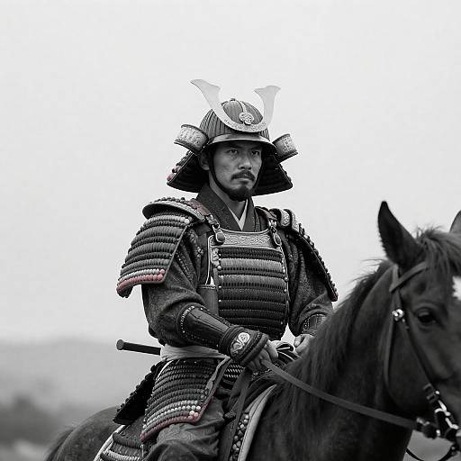 Japanese Samurai in Traditional Armor on Horseback