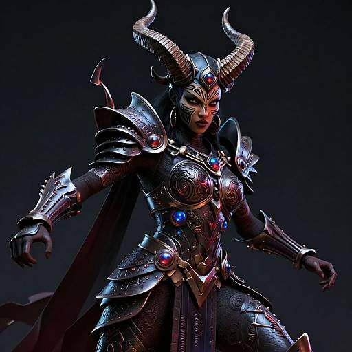 CGI fantasy warrior woman with dark skin, metallic black armor, blue and red gemstones, large curved horns, and intense expression.