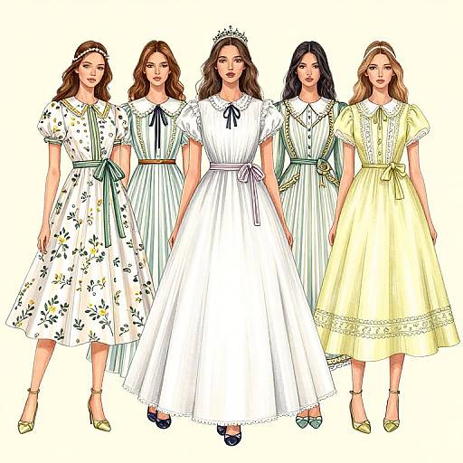 Illustration of five women in vintage-style dresses: white floral, white with black ribbon, white ballgown, white with green trim, yellow with