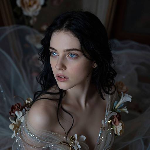 Digital artwork of a fair-skinned, blue-eyed woman with long black hair, wearing a sheer, floral-embellished gown, gazing int