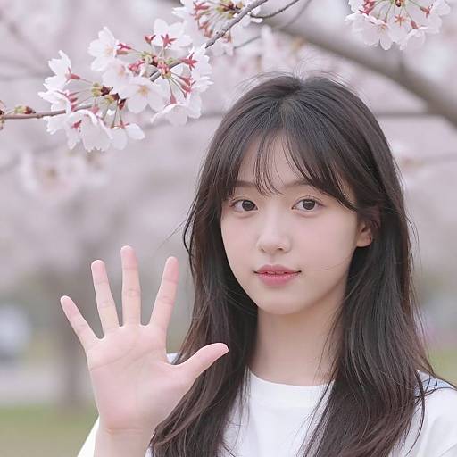 Photograph of an Asian woman with long black hair, white shirt, waving under blooming cherry blossoms in soft daylight.