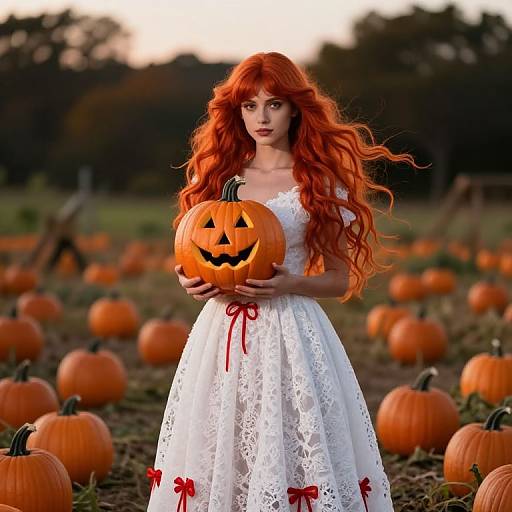Photograph of a red-haired woman in a white lace dress holding a carved pumpkin, standing in a pumpkin field at sunset.