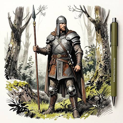 Digital illustration of a bearded, armored knight with a helmet, holding a spear, standing in a forest with detailed trees and foliage. Artist watermark: