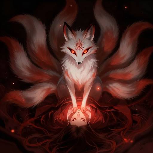 Digital artwork: A mystical, white-furred fox with nine red-tinted tails and glowing red eyes, standing over a red-eyed, face-down