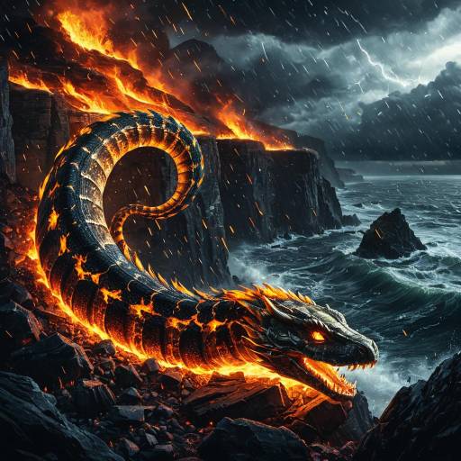 Fiery Shell Serpent on Stormy Cliffs