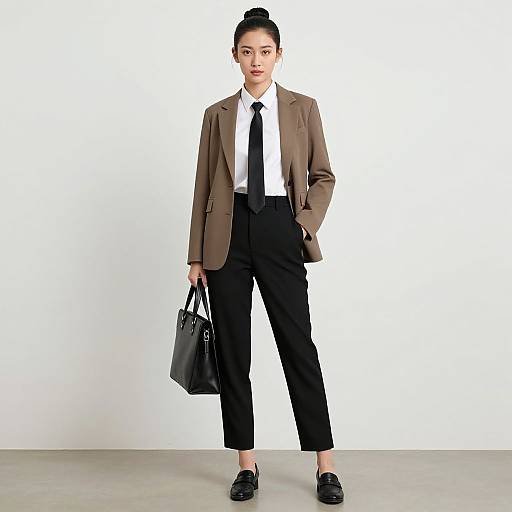 Photograph of a confident woman in a brown blazer, black tie, white shirt, black pants, holding a black leather handbag, black loaf