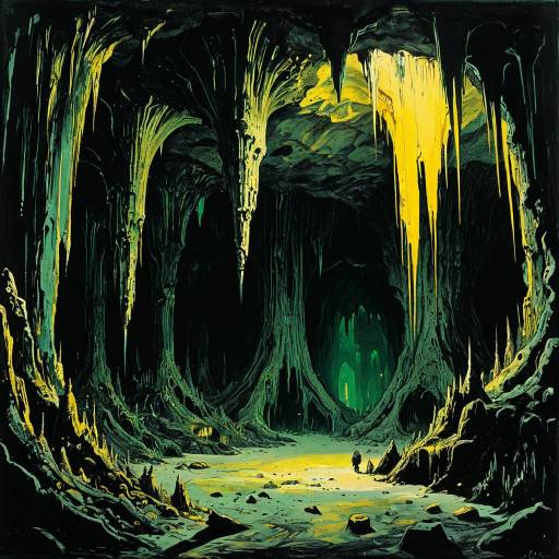 Eerie Dark Cave with Stalactites and Hidden Forest