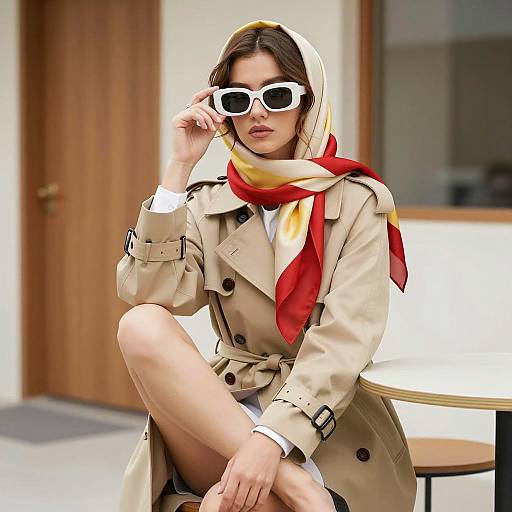 Fashionable woman in beige trench coat and headscarf